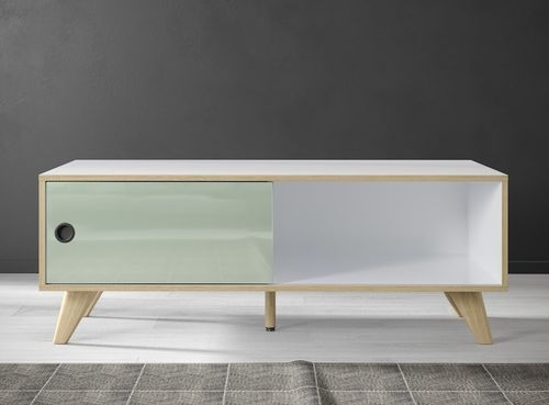 Table basse rectangulaire 1 porte bois blanc, vert et naturel Mélanie 115 cm - Photo n°2; ?>