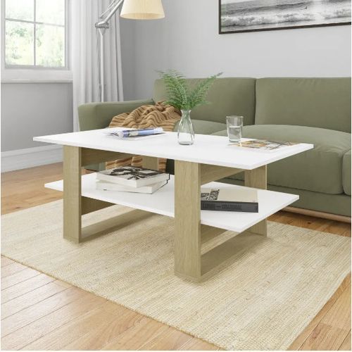 Table basse rectangulaire 2 plateaux bois blanc brillant et chêne clair Tchita - Photo n°2; ?>