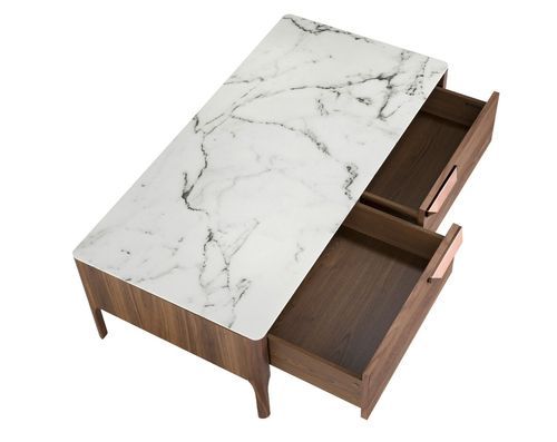 Table basse rectangulaire 2 tiroirs Blazer - Noyer et porcelaine blanche effet marbre - Photo n°3; ?>