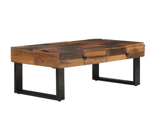 Table basse rectangulaire 2 tiroirs bois massif recyclé foncé et métal noir Souly - Photo n°3; ?>