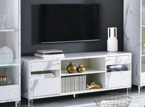 Meuble TV bois blanc effet marbre vernis Botela 120 cm - Photo n°2; ?>