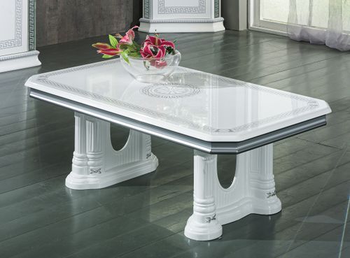 Table basse rectangulaire bois vernis laqué brillant blanc et gris Vinza 130 cm - Photo n°2; ?>
