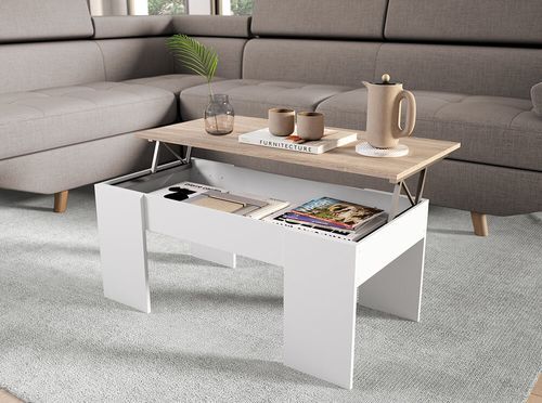 Table basse relevable avec rangement bois mélaminé blanc et naturel Doppy 100 cm - Photo n°2; ?>
