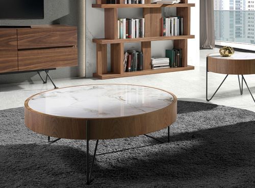 Table basse ronde Blazer 81 cm - Noyer et porcelaine blanche effet Marbre - Photo n°3; ?>