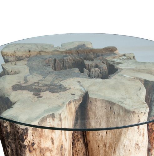Table basse ronde bois de suar massif clair et verre Adan - Photo n°2; ?>