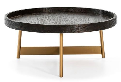 Table basse ronde bois foncé et pieds métal doré D 100 cm - Photo n°2; ?>