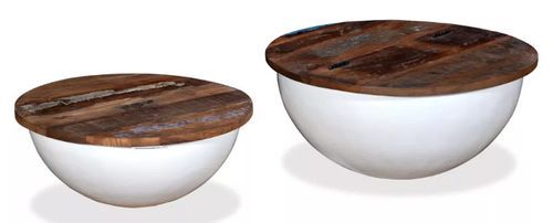Table basse ronde bois foncé recyclé et métal blanc Leh - Lot de 2 - Photo n°2; ?>