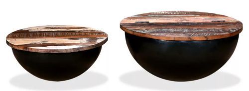 Table basse ronde bois foncé recyclé et métal noir Leh - Lot de 2 - Photo n°2; ?>