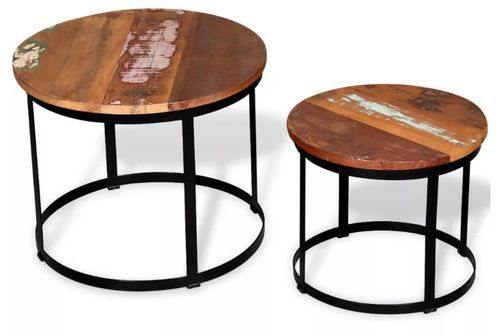 Table basse ronde bois massif recyclé et métal noir Mista - Lot de 2 - Photo n°2; ?>