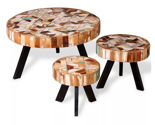 Table basse ronde bois massif recyclé multicolore et pieds métal noir - Photo n°3; ?>