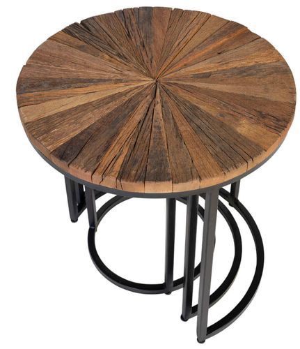 Table basse ronde gigogne style industriel bois recyclé et métal noir laqué mat Karat - Lot de 3 - Photo n°2; ?>