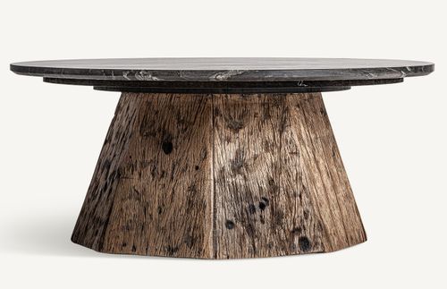 Table basse ronde marbre de noir et pieds bois massif recyclé Wader 80 cm - Photo n°2; ?>