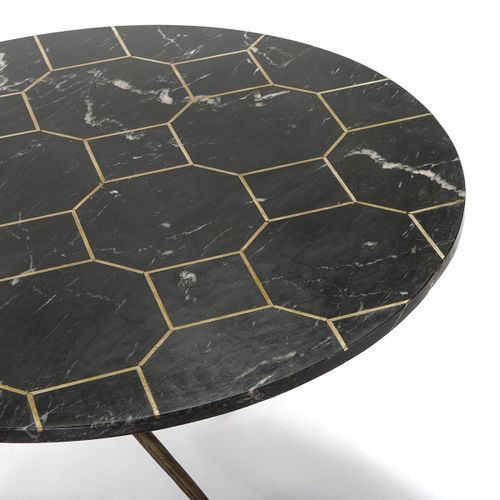 Table basse ronde marbre noir et métal doré vieilli D 80 cm - Photo n°2; ?>