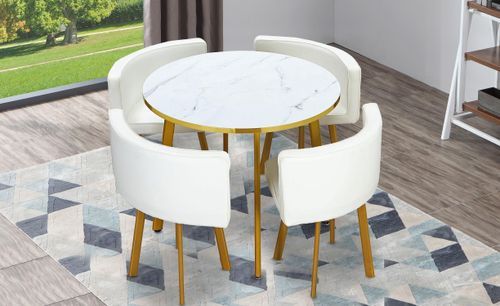 Table effet marbre et 4 chaises simili cuir pieds métal doré Gira - Photo n°2; ?>