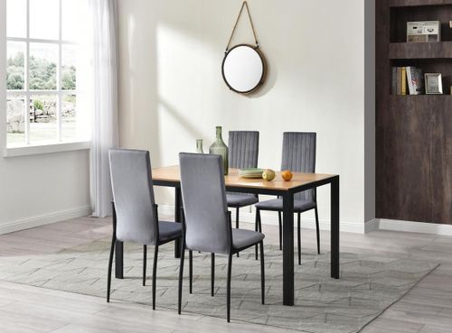 Table bois clair et 4 chaises velours gris pieds métal noir Arber - Photo n°3; ?>