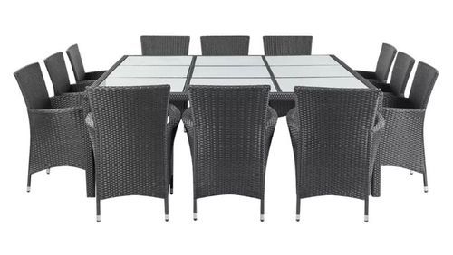 Table carrée et 12 chaises de jardin résine tressée noir coussins blanc Mik - Photo n°2; ?>