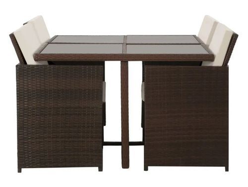 Table carrée et 4 chaises de jardin résine tressée marron et coussins blanc Iris - Photo n°2; ?>