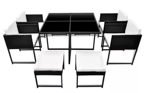Table carrée et 4 chaises de jardin résine tressée noir coussins blanc Chaz - Photo n°3; ?>