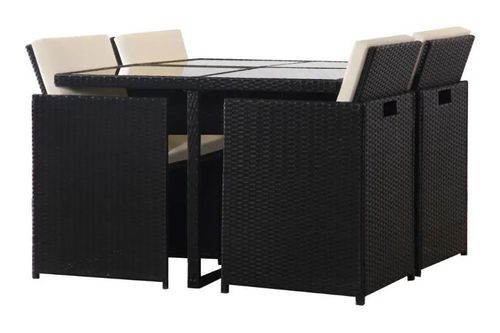 Table carrée et 4 chaises de jardin résine tressée noir et coussins blanc Iris - Photo n°2; ?>