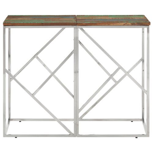 Table console argenté acier inoxydable/bois massif récupération - Photo n°2; ?>