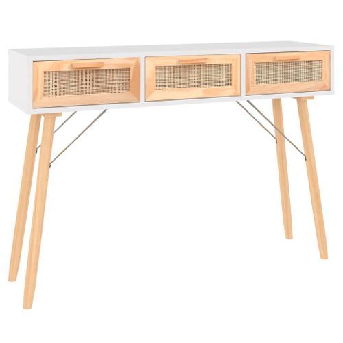 Table console Blanc 105x30x75 cm Bois massif pin /rotin naturel - Photo n°2; ?>