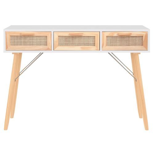 Table console Blanc 105x30x75 cm Bois massif pin /rotin naturel - Photo n°3; ?>