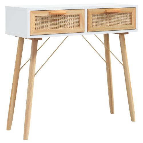 Table console Blanc 80x30x75 cm Bois massif pin /rotin naturel - Photo n°2; ?>