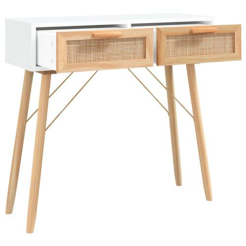 Table console Blanc 80x30x75 cm Bois massif pin /rotin naturel - Photo n°3; ?>