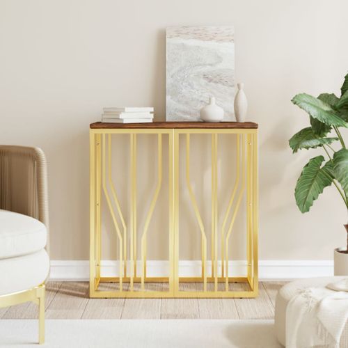 Table console doré acier inoxydable et bois massif récupération - Photo n°2; ?>