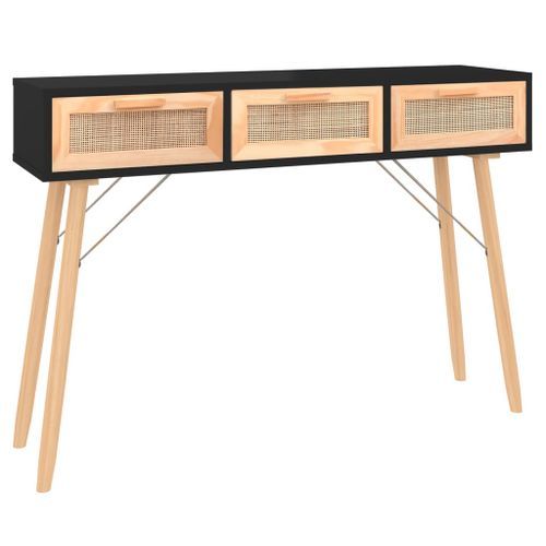 Table console Noir 105x30x75 cm Bois massif pin /rotin naturel - Photo n°2; ?>