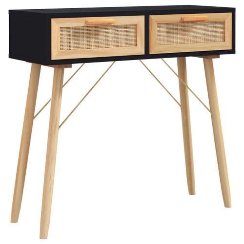 Table console Noir 80x30x75 cm Bois massif pin /rotin naturel - Photo n°2; ?>