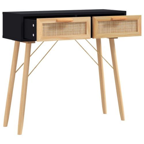 Table console Noir 80x30x75 cm Bois massif pin /rotin naturel - Photo n°3; ?>