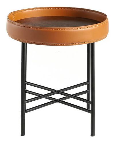 Table d'appoint bois de noyer et cuir marron clair et noir Liza - Photo n°2; ?>