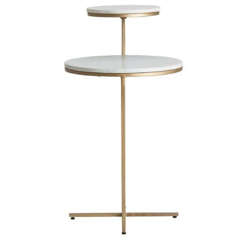 Table d'appoint ronde 2 plateaux marbre blanc et métal doré Sacha - Photo n°2; ?>