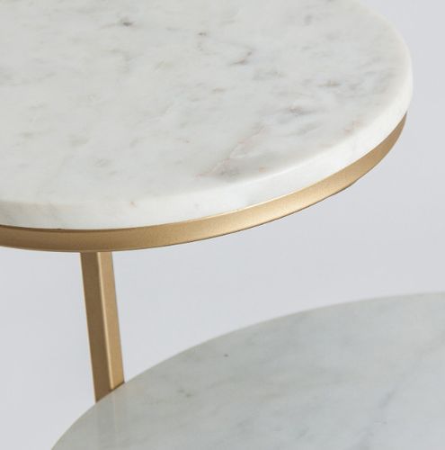 Table d'appoint ronde 2 plateaux marbre blanc et métal doré Sacha - Photo n°3; ?>