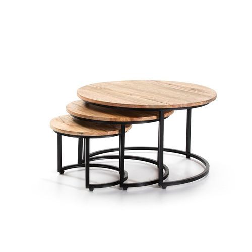 Table d'appoint ronde bois clair et métal noir Loft - Lot de 3 - Photo n°3; ?>