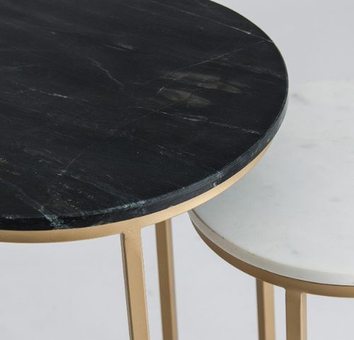 Table d'appoint ronde marbre noir et blanc et métal doré Anato - Lot de 2 - Photo n°2; ?>