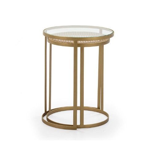 Table d'appoint ronde verre transparent rotin naturel et métal doré Brunie - Lot de 2 - Photo n°3; ?>