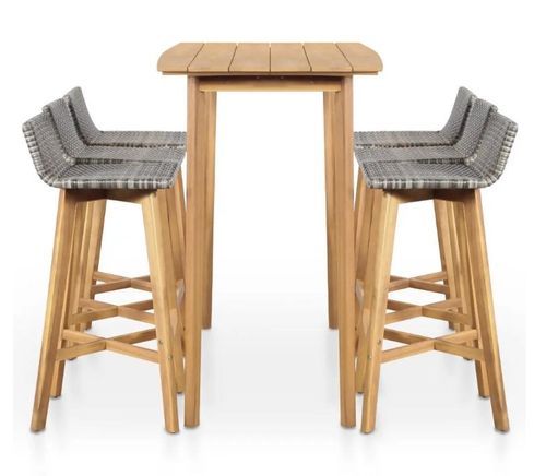 Table de bar et 6 chaises de jardin acacia massif clair et résine tressée gris Vidot 150 - Photo n°3; ?>