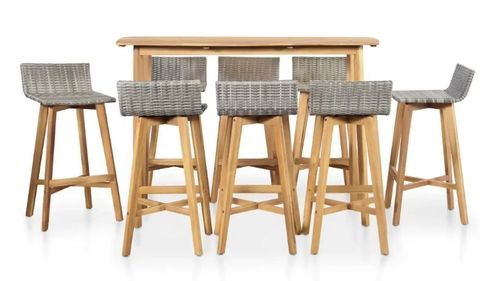 Table de bar et 8 chaises de jardin acacia massif clair et résine tressée gris Vidot - Photo n°2; ?>