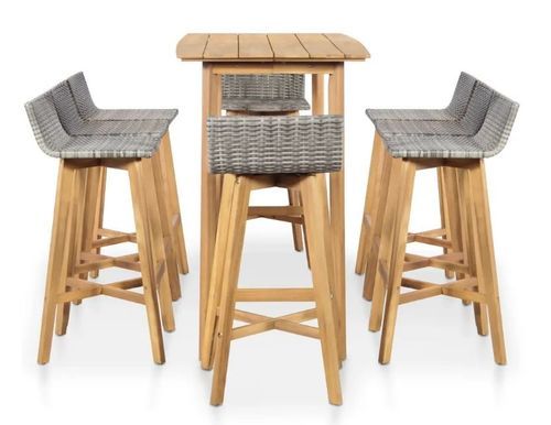 Table de bar et 8 chaises de jardin acacia massif clair et résine tressée gris Vidot - Photo n°3; ?>