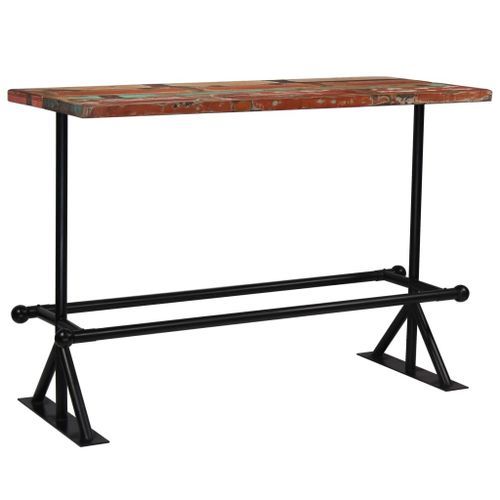 Table de bar rectangulaire bois recyclé massif multi couleurs et 6 tabourets industriel - Photo n°3; ?>