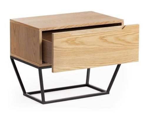 Table de chevet 1 tiroir bois plaqué chêne et pieds métal noir Blina - Photo n°3; ?>