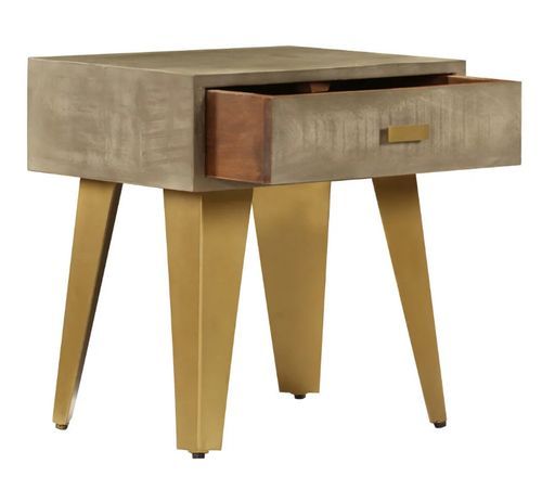 Table de chevet 1 tiroir manguier massif gris et pieds métal doré Heintz - Photo n°3; ?>