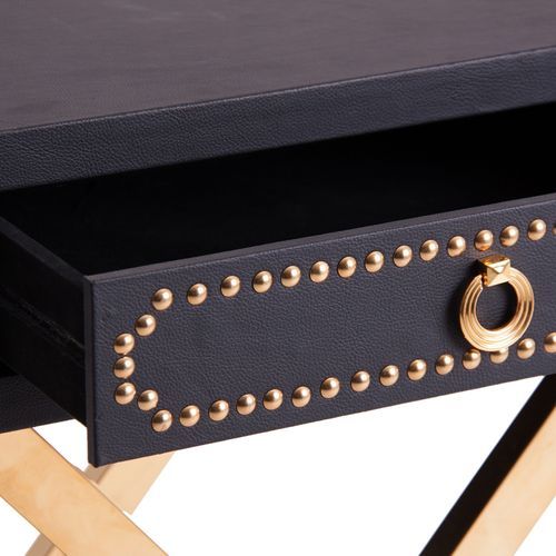 Table de chevet 1 tiroir simili cuir noir et métal doré Lazur - Photo n°3; ?>