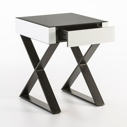 Table de chevet 1 tiroir verre noir et blanc pieds métal Qio - Photo n°2; ?>