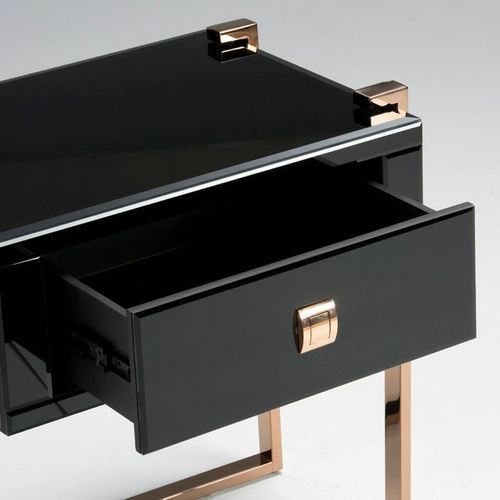 Table de chevet 1 tiroir verre noir et pieds métal or rose Amy - Photo n°3; ?>