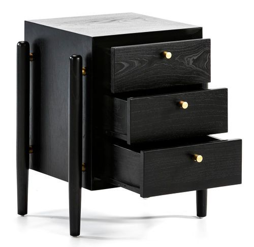 Table de chevet 3 tiroirs bois massif noir Vazen - Photo n°3; ?>