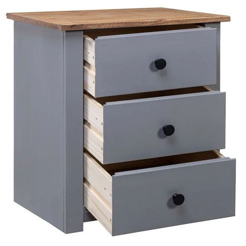 Table de chevet 3 tiroirs pin massif foncé et gris Daryl - Photo n°2; ?>