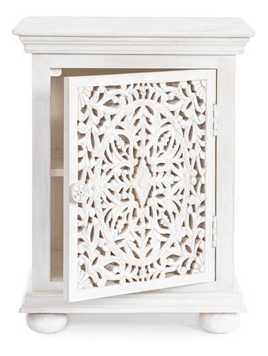 Table de chevet artisanale 1 porte bois massif blanc Nina 50 cm - Photo n°3; ?>